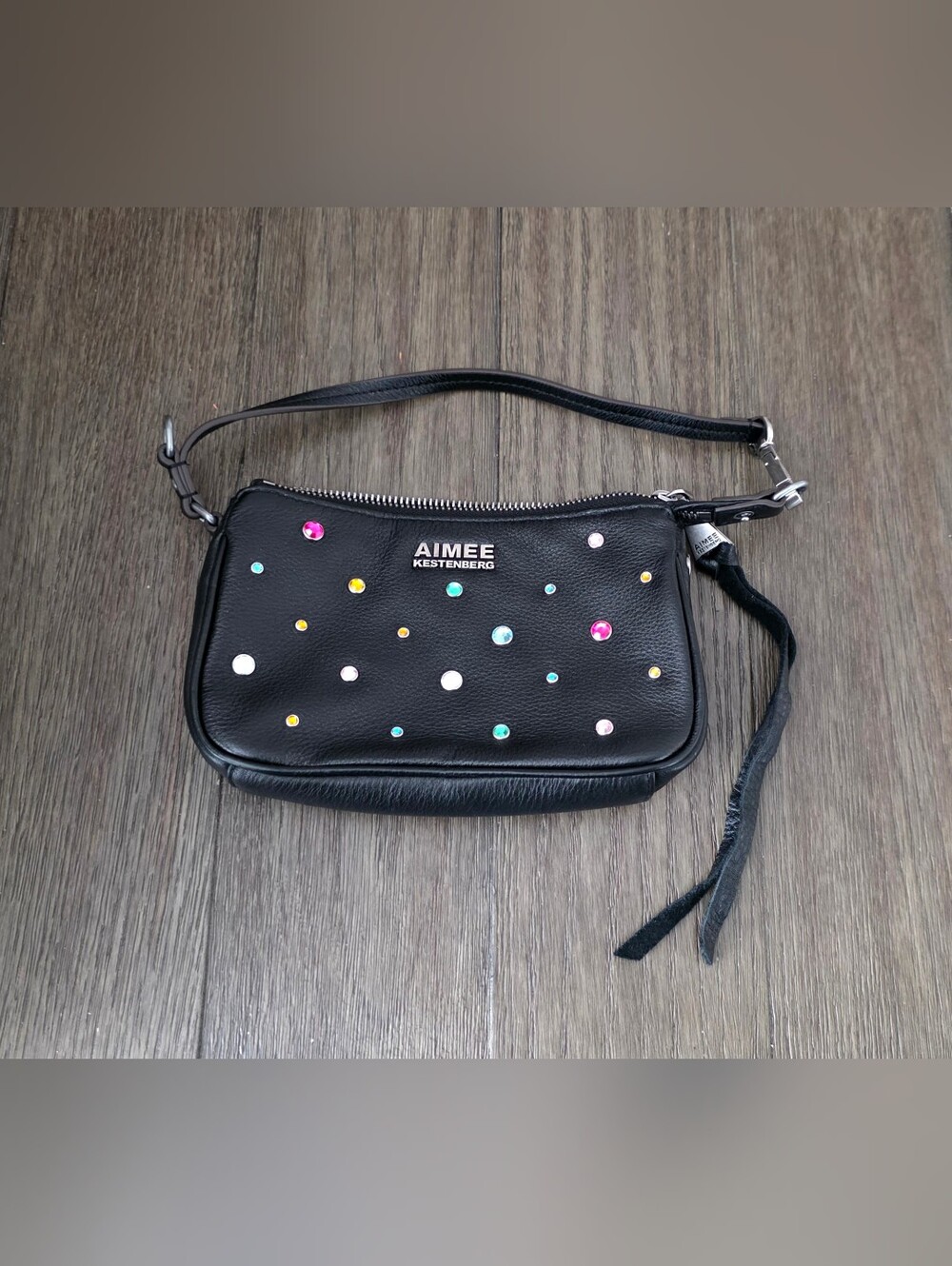 Aimee Kestenberg Fiery colorful Gem Studded Leather Shoulder Bag Pouchette black